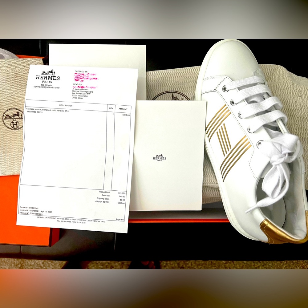 Hermes Sneaker. Model: Avantage Color: White/Gold. Size: 37.5.  Never Used!